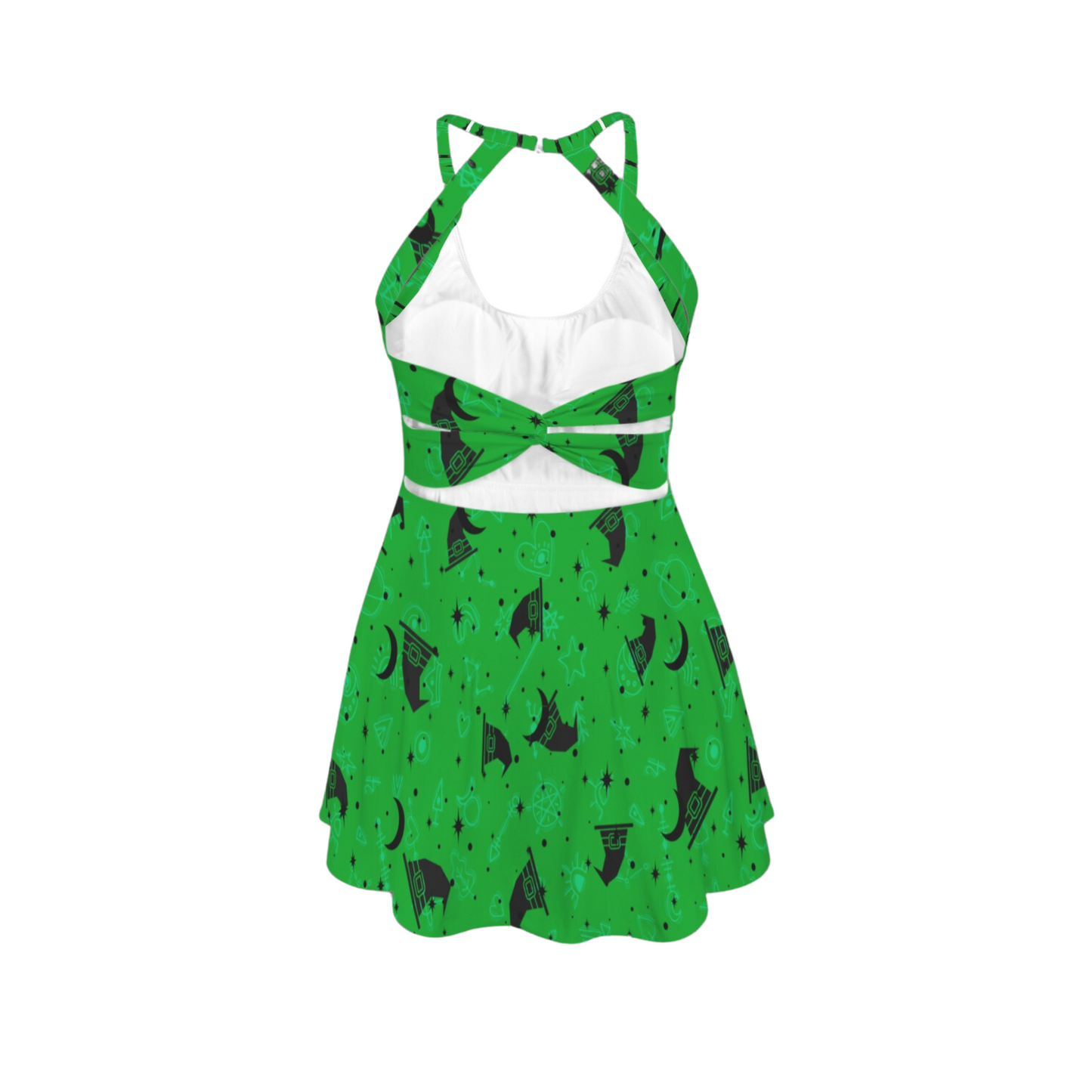 Green Witch Moon And Stars Open Back Flare Skirt Active Dress