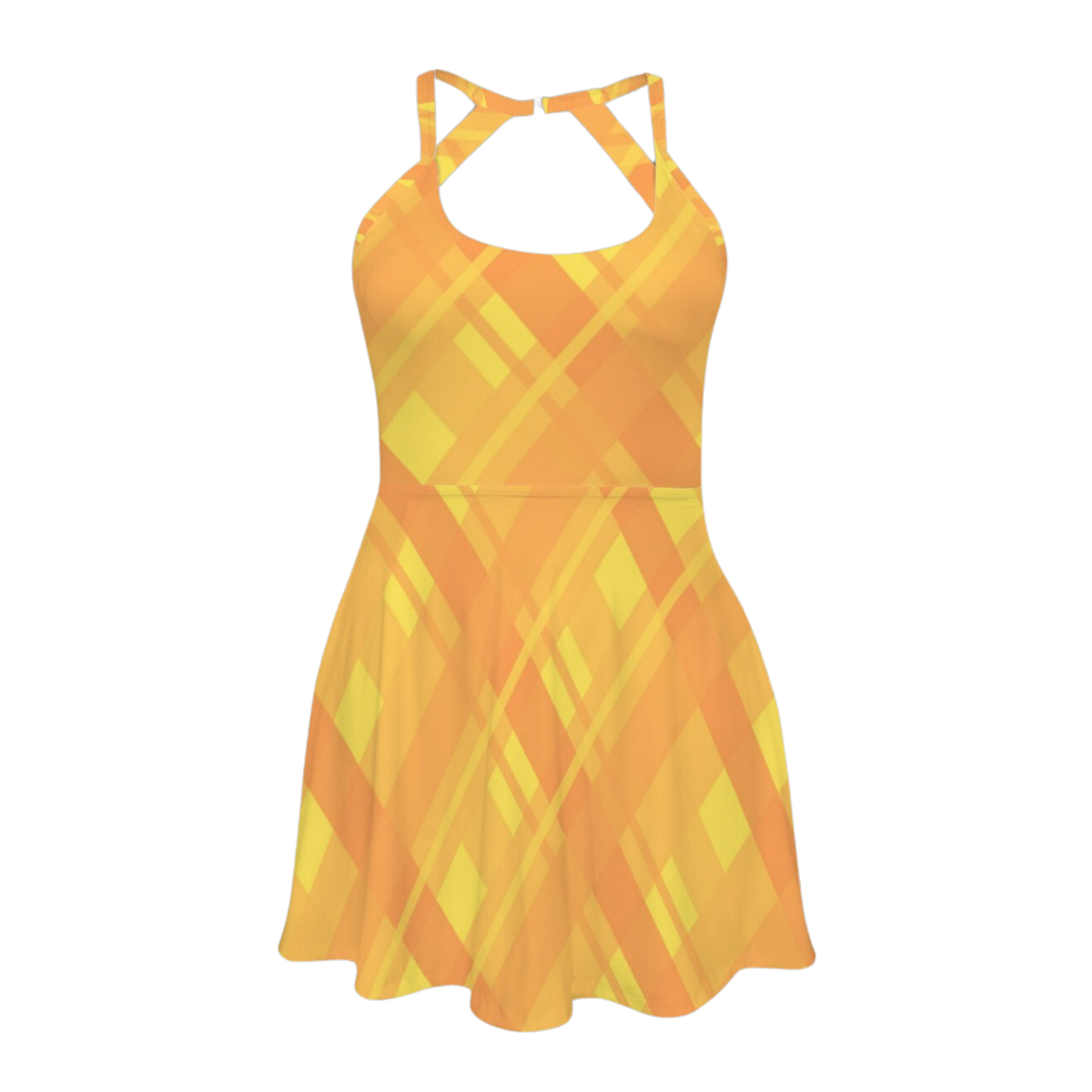 Halloween Yellow Plaid Open Back Flare Skirt Active Dress