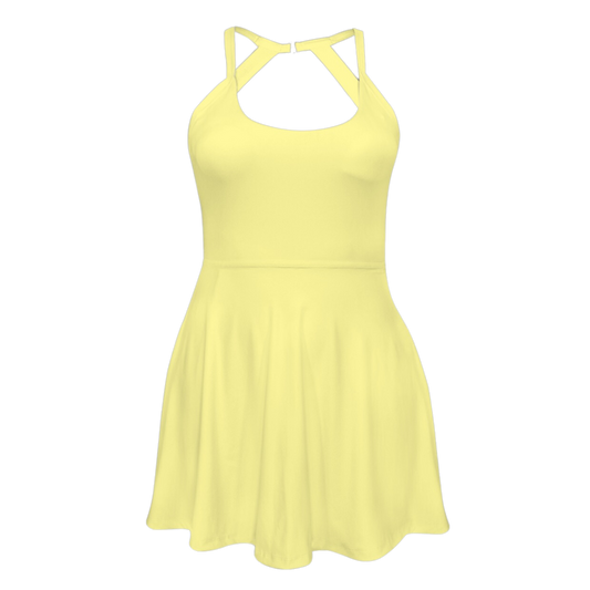 Almost There Yellow Open Back Flare Skirt Active Dress