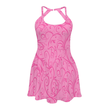 Aurora Pink Swirl Open Back Flare Skirt Active Dress