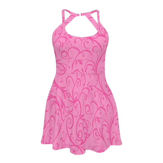 Aurora Pink Swirl Open Back Flare Skirt Active Dress