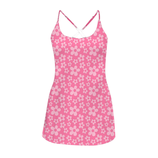 Boo Pink Flowers Criss Cross Back Active Dress