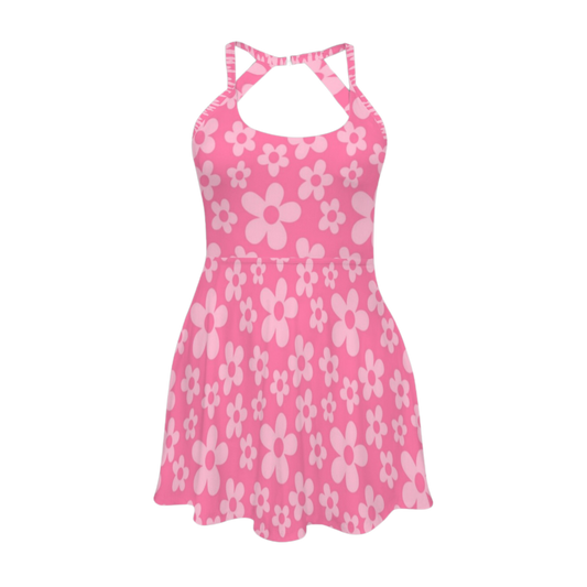 Boo's Pink Flower Open Back Flare Dress