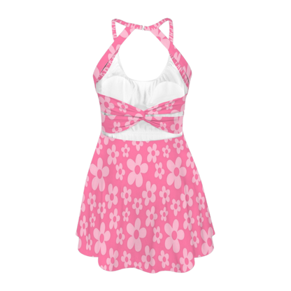 Boo's Pink Flower Open Back Flare Dress