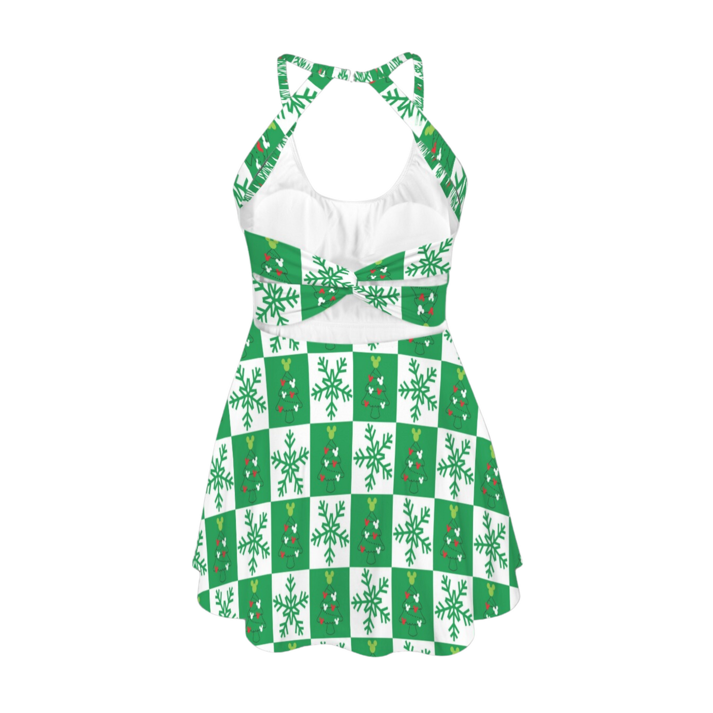 Checkered Mouse Christmas Tree Open Back Flare Skirt Active Dress