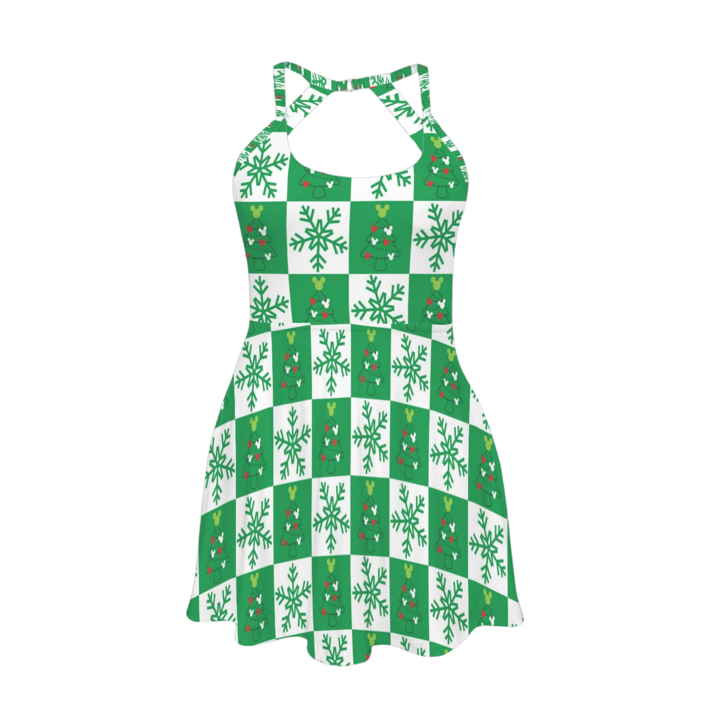 Checkered Mouse Christmas Tree Open Back Flare Skirt Active Dress