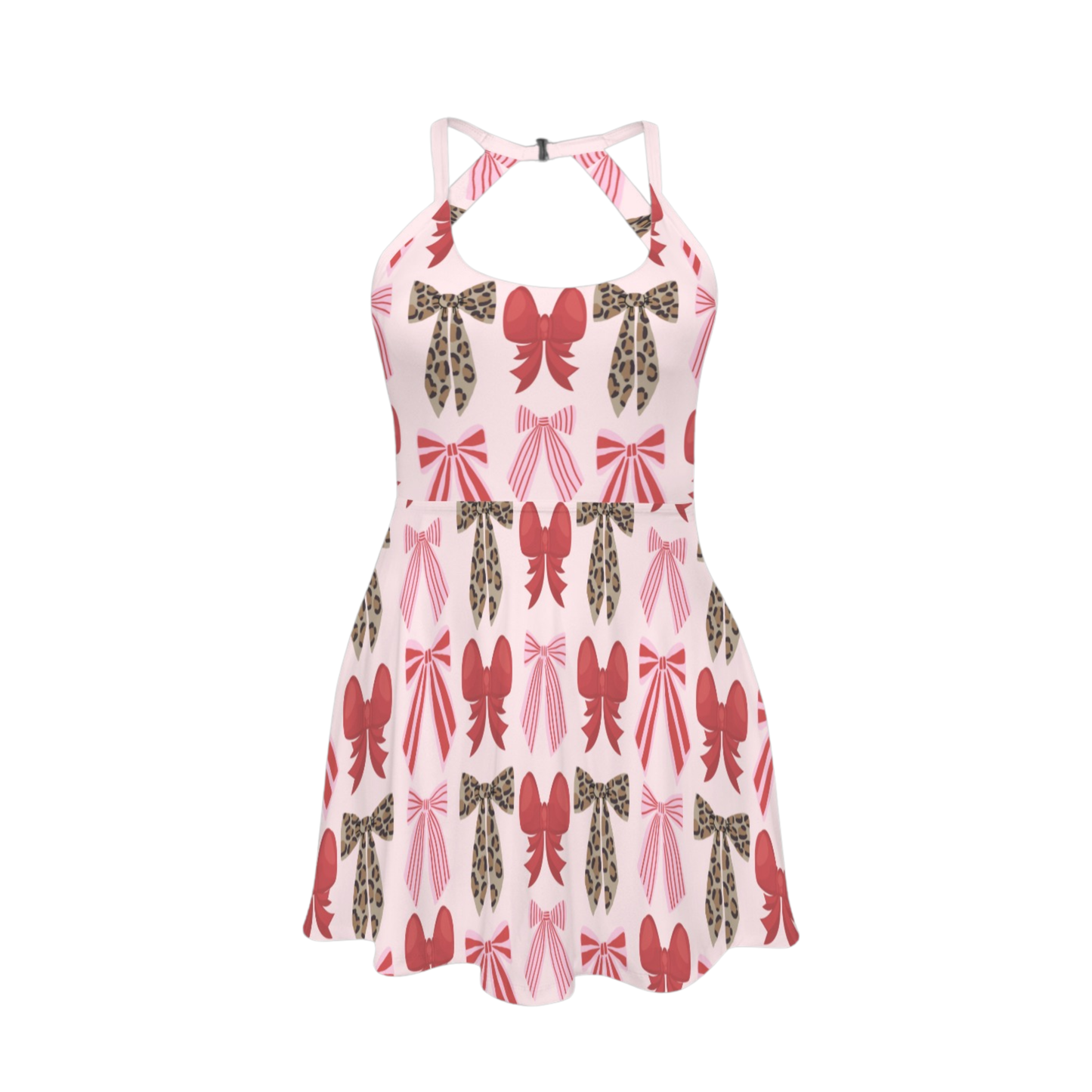 Holiday Bows Open Back Flare Skirt Active Dress