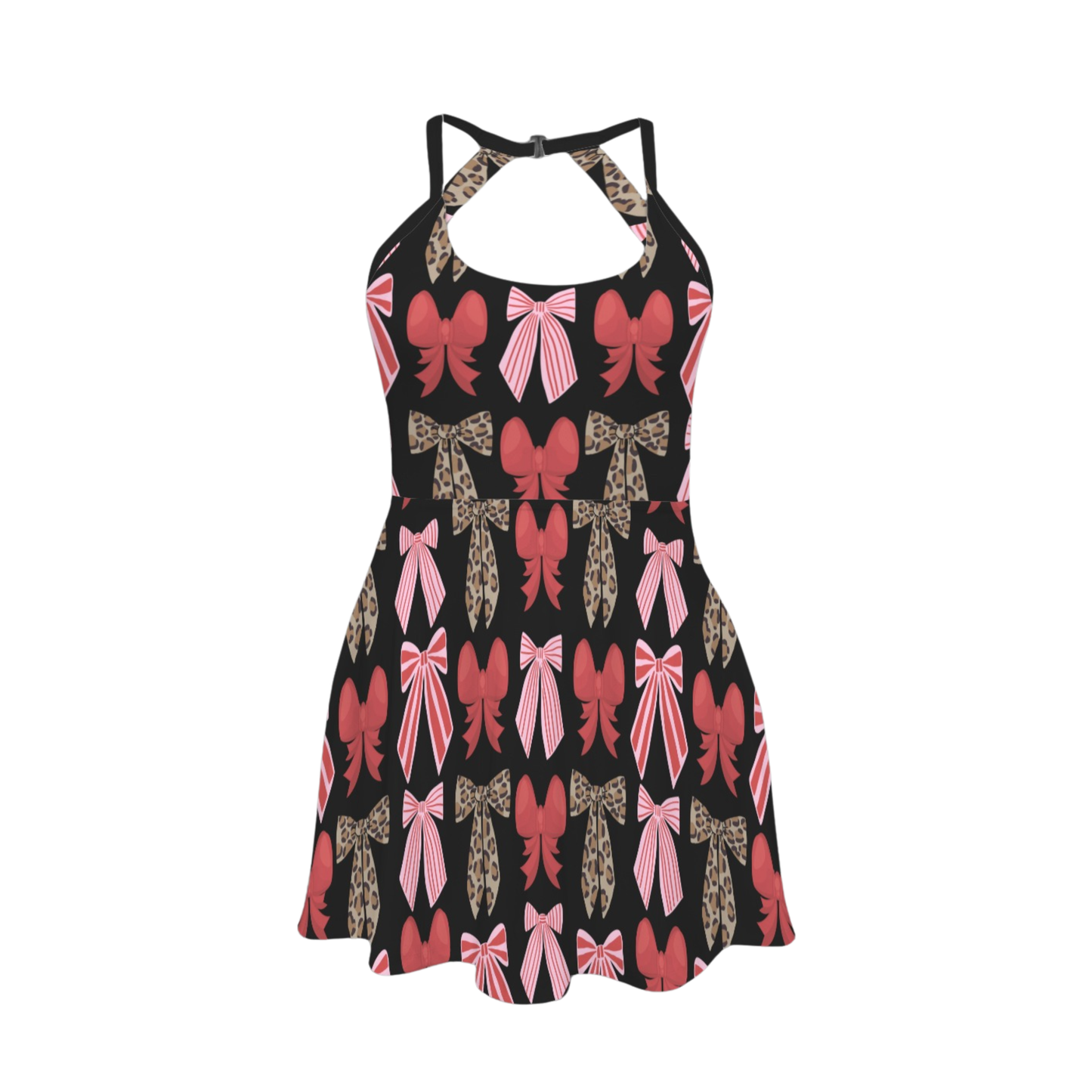 Holiday Bows Open Back Flare Skirt Active Dress