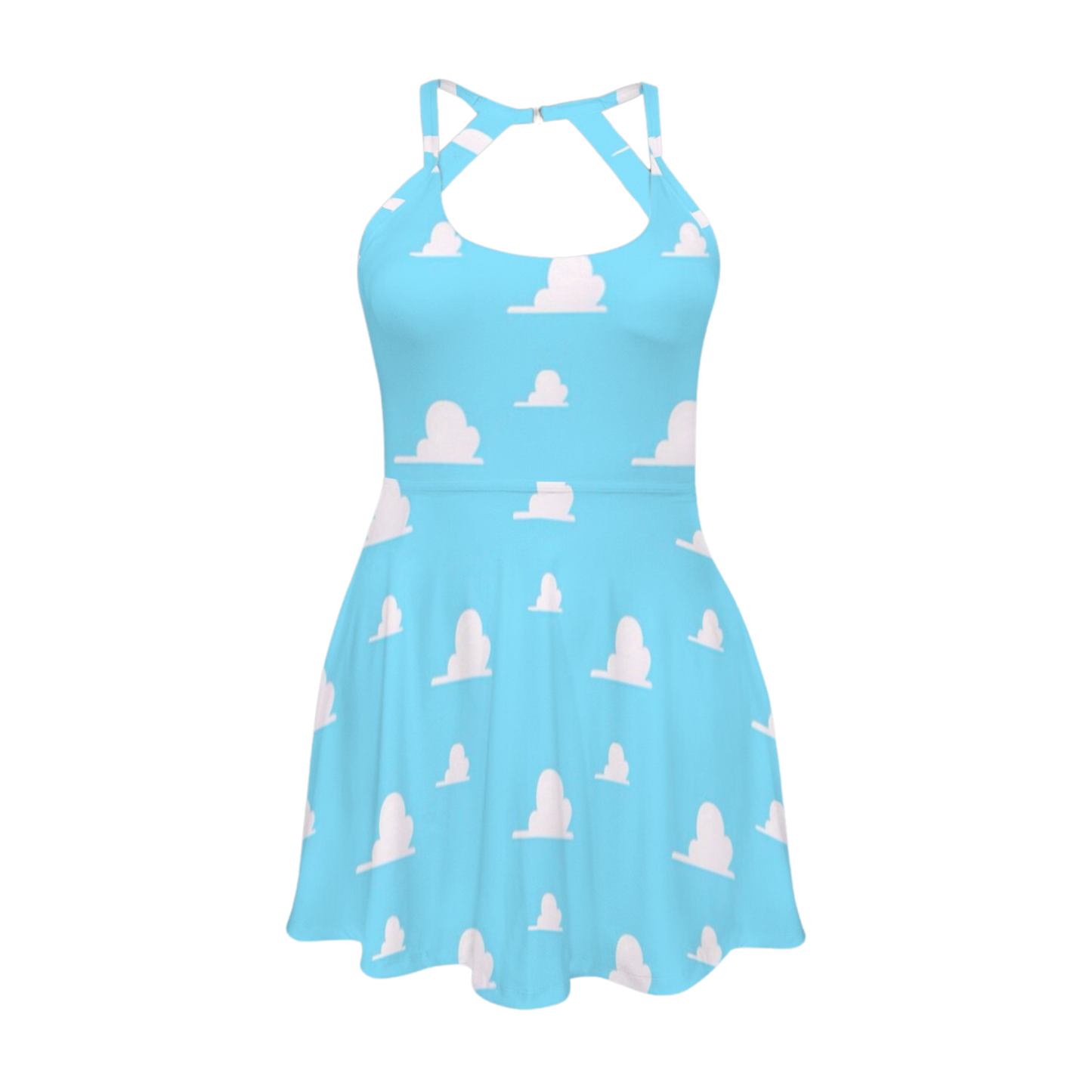 Cloud Print Open Back Flare Skirt Active Dress