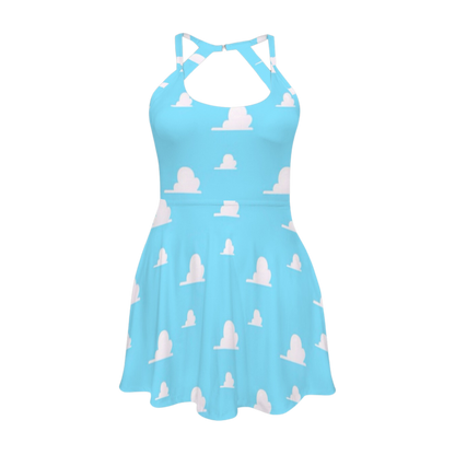 Cloud Print Open Back Flare Skirt Active Dress