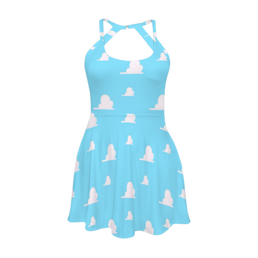 Cloud Print Open Back Flare Skirt Active Dress