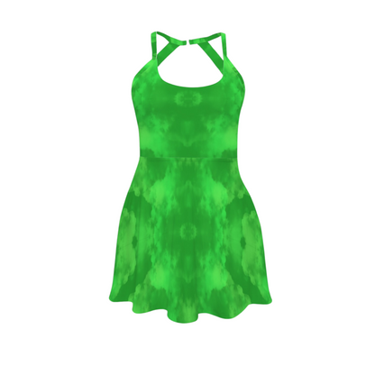 Green Witch Clouds Open Back Flare Skirt Active Dress