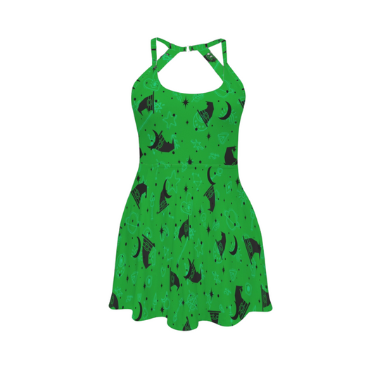 Green Witch Moon And Stars Open Back Flare Skirt Active Dress