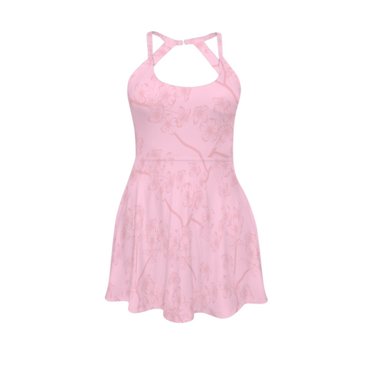 Pink Witch Cherry Blossoms Open Back Flare Skirt Active Dress