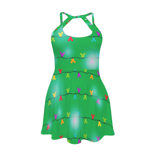 Mouse Lights Green Open Back Flare Skirt Active Dress