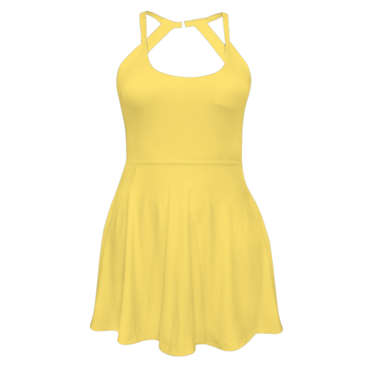 Not a Guppy Yellow Open Back Flare Skirt Active Dress