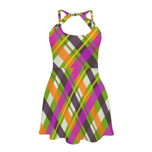 Halloween Plaid Open Back Flare Skirt Active Dress