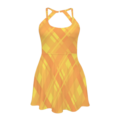 Halloween Yellow Plaid Open Back Flare Skirt Active Dress
