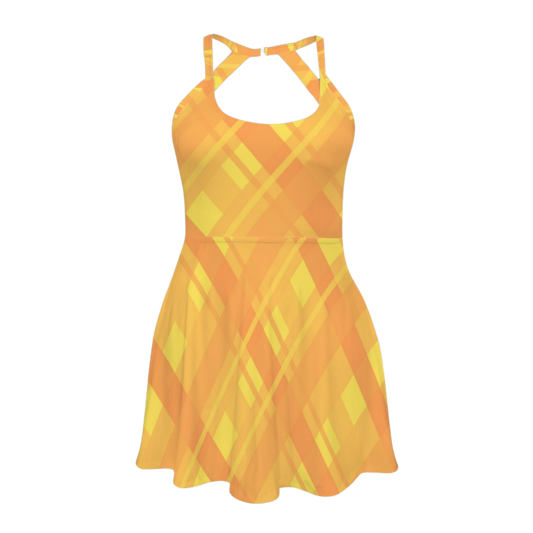Halloween Yellow Plaid Open Back Flare Skirt Active Dress