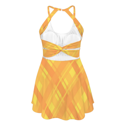 Halloween Yellow Plaid Open Back Flare Skirt Active Dress