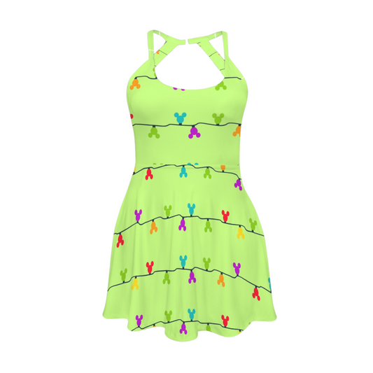 Mouse Lights Lime Open Back Flare Skirt Active Dress