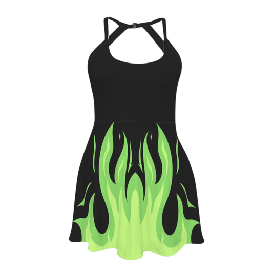 Mistress Green Flame Open Back Flare Skirt Active Dress