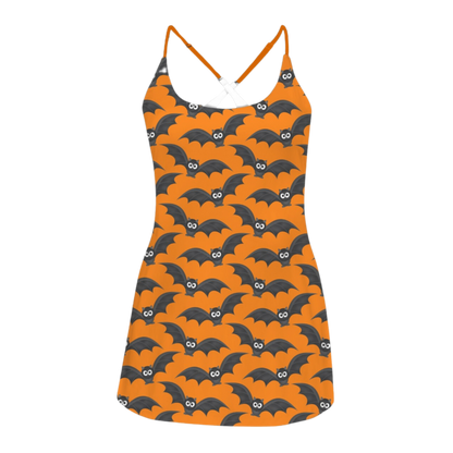 Orange Bat Print Criss Cross Back Active Dress