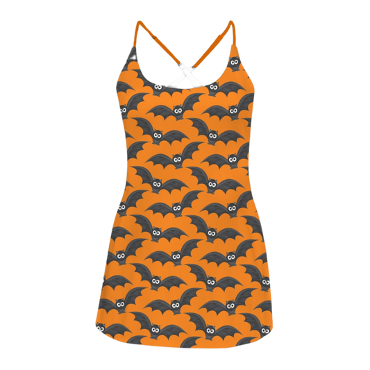 Orange Bat Print Criss Cross Back Active Dress