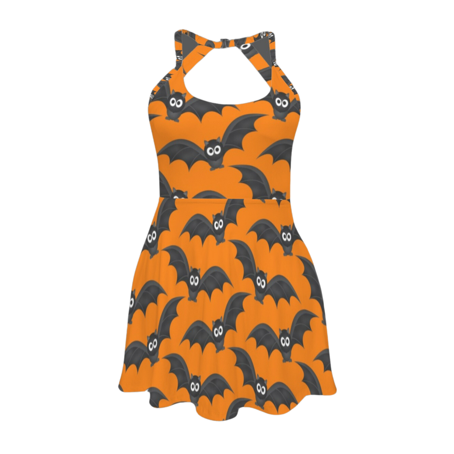 Orange Bats Open Back Flare Skirt Active Dress