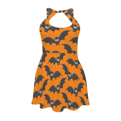 Orange Bats Open Back Flare Skirt Active Dress