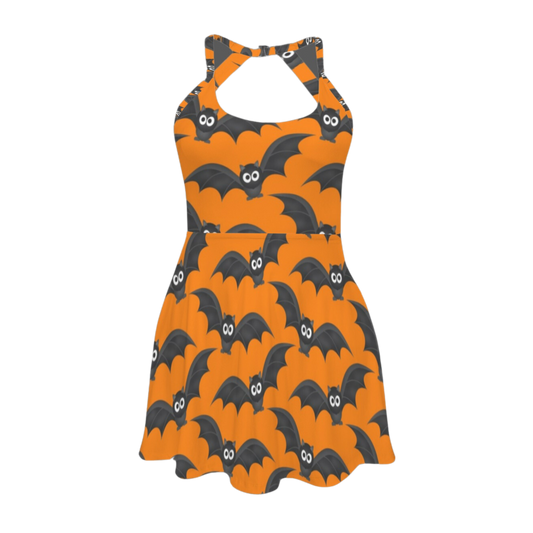 Orange Bats Open Back Flare Skirt Active Dress