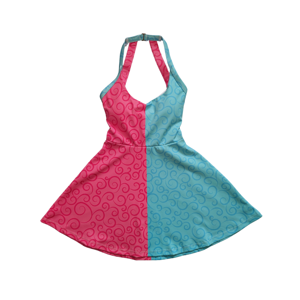 Make It Pink & Blue Swirl Open Back Flare Skirt Active Dress