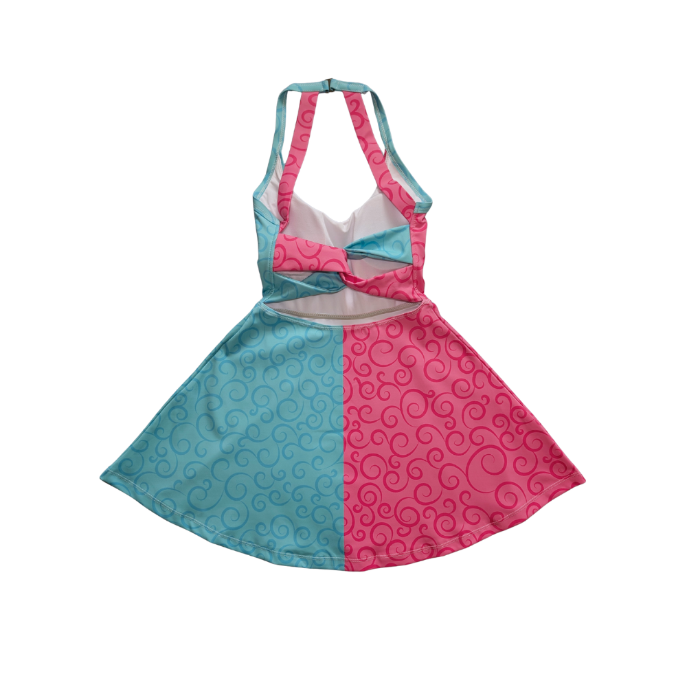 Make It Pink & Blue Swirl Open Back Flare Skirt Active Dress