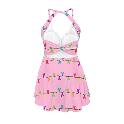 Mouse Lights Pink Open Back Flare Skirt Active Dress