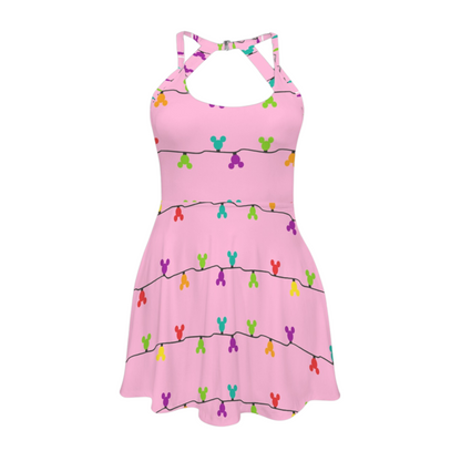 Mouse Lights Pink Open Back Flare Skirt Active Dress