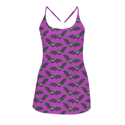 Purple Bat Print Criss Cross Back Active Dress