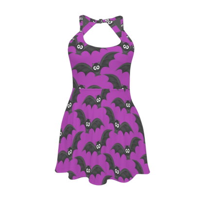 Purple Bats Open Back Flare Skirt Active Dress