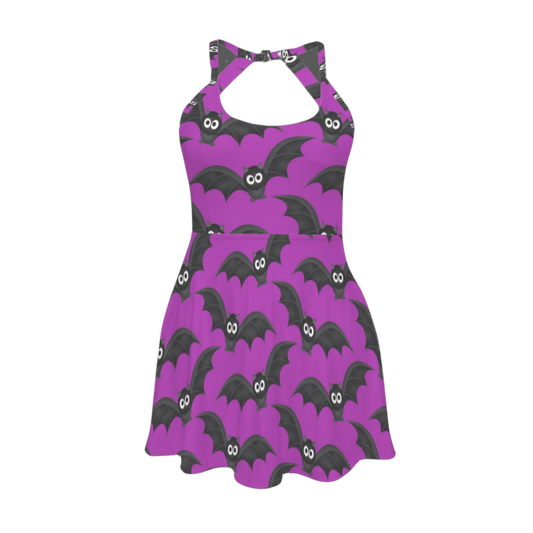 Purple Bats Open Back Flare Skirt Active Dress