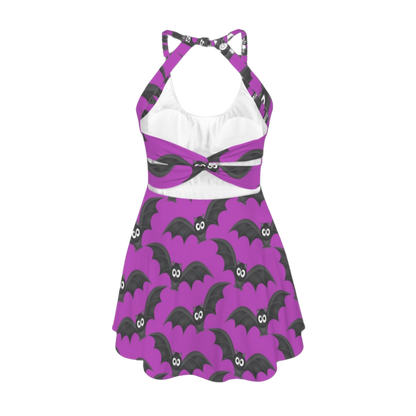 Purple Bats Open Back Flare Skirt Active Dress