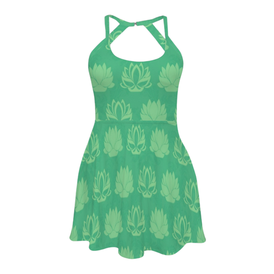 Tia Green Lotus Open Back Flare Skirt Active Dress