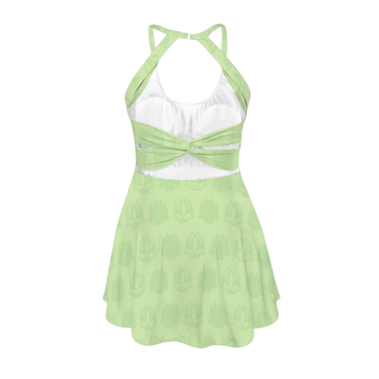 Tia Lotus Light Green Open Back Flare Skirt Active Dress