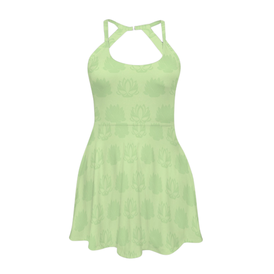 Tia Lotus Light Green Open Back Flare Skirt Active Dress