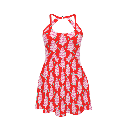 Christmas Tree Cake Open Back Flare Skirt Active Dress